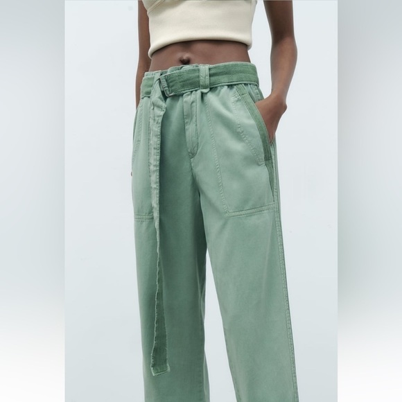 ZARA PAPERBACK PANTS WITH CONTRASTING BELT GREEN Sz L - Picture 5 of 16
